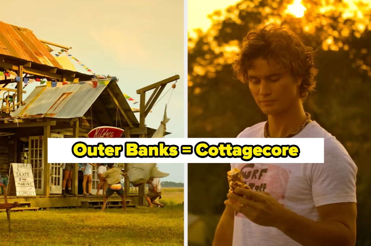 Split image: left shows a rustic store with flags, right features a person holding an object; text reads "Outer Banks = Cottagecore."