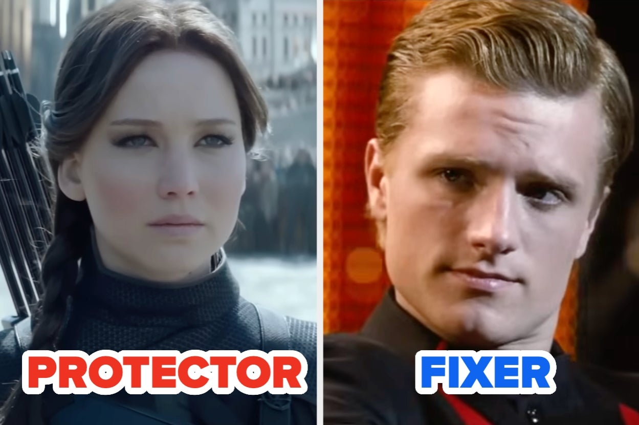 Split image of two scenes: woman labeled "Protector" with a braid; man labeled "Fixer" wearing a suit, looking thoughtful