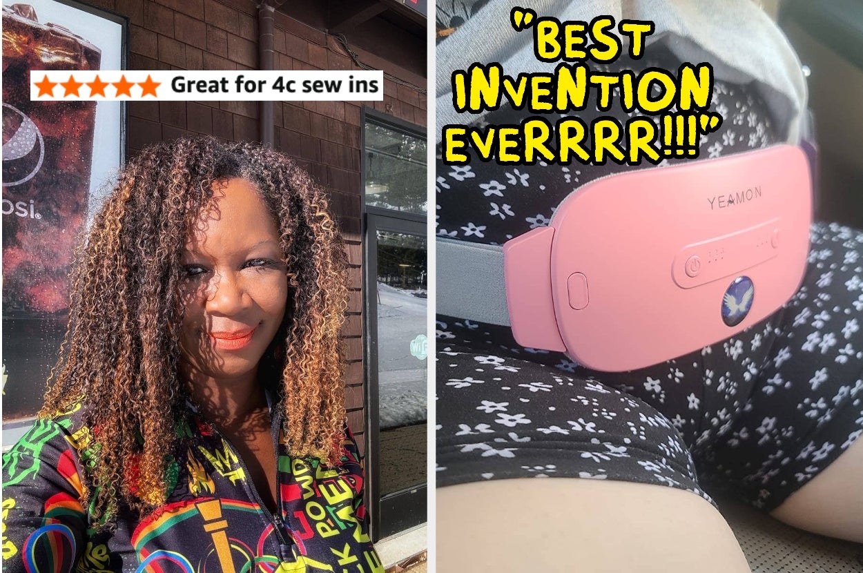 Left: A woman with curly hair smiles outside. Text reads: "★★★★★ Great for 4c sew ins." Right: Close-up of a pink device on a lap, captioned "Best invention everrrr!!!"