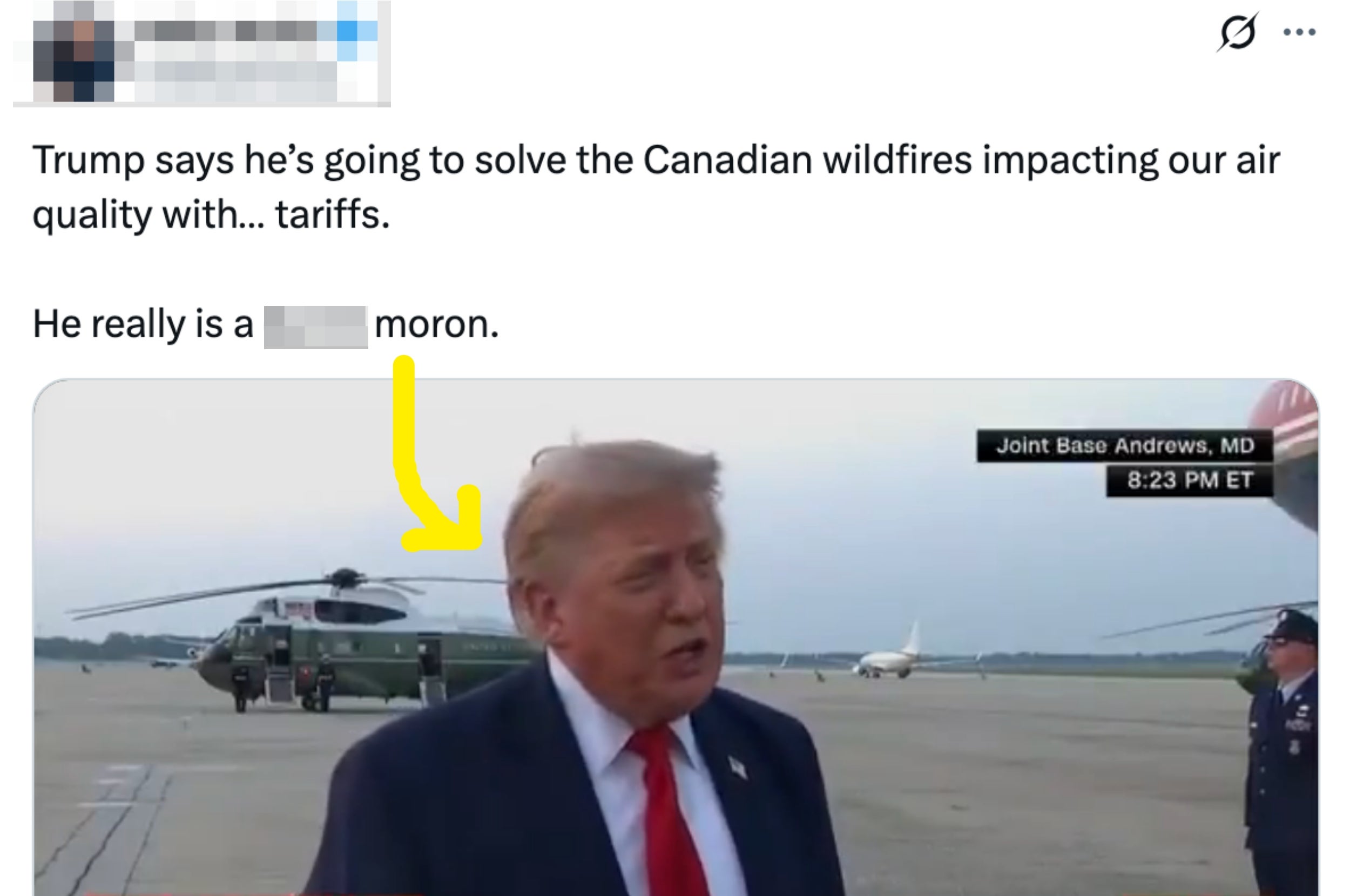 trump talking. The text overlay discusses solving Canadian wildfires with tariffs