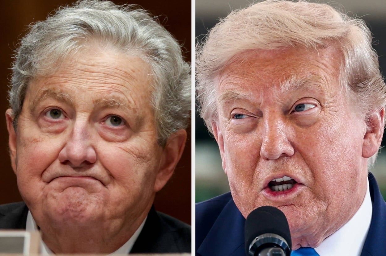 Two men speaking, one at a hearing with a neutral expression, the other speaking into a microphone looking slightly to the side
