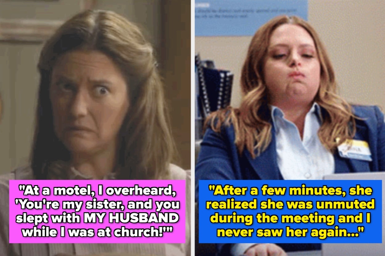 Two women shown with captions: one overheard a sister at a motel; the other realizes she's unmuted during a meeting, leading to embarrassment