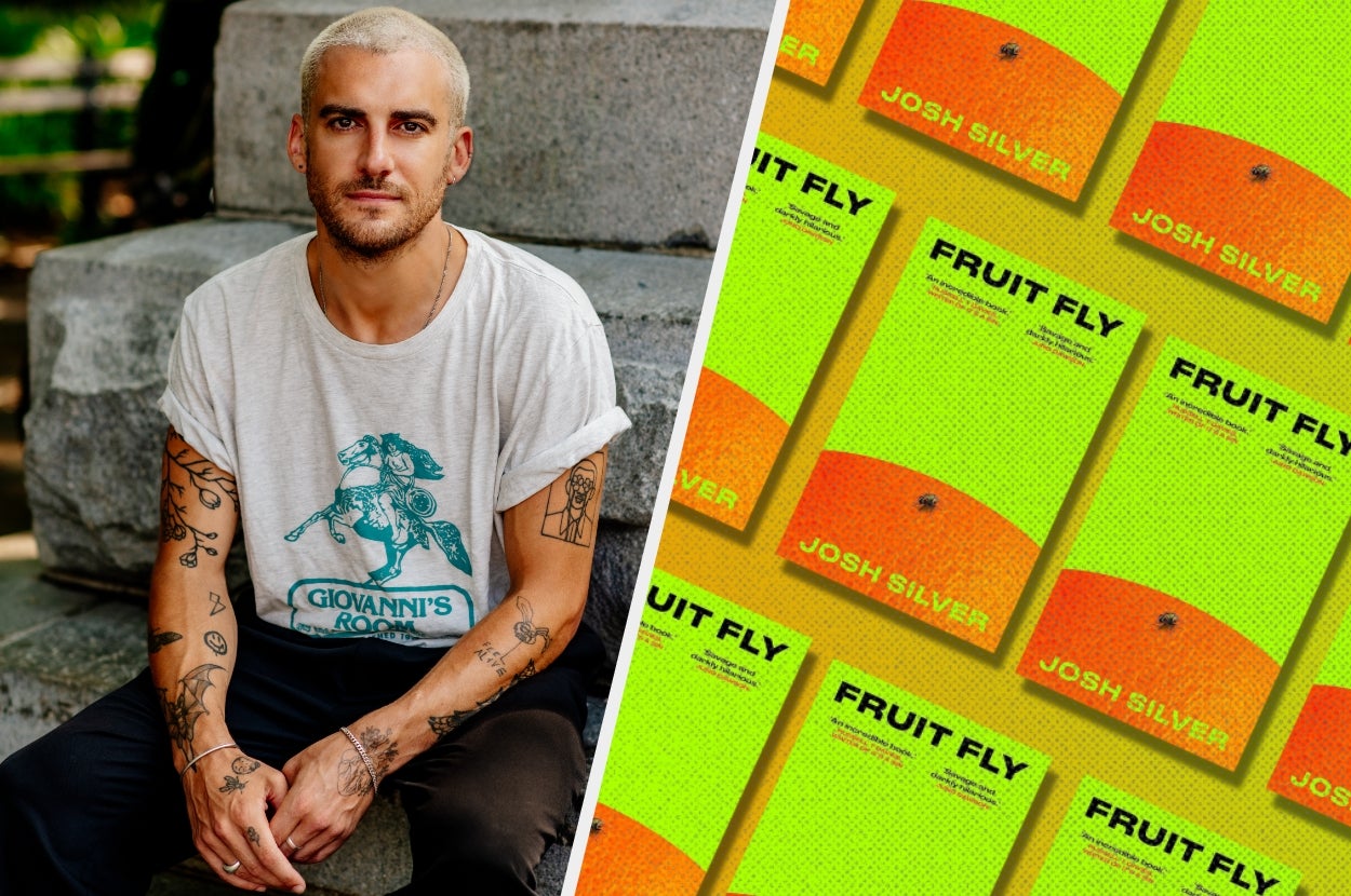 Person sitting with tattoos visible, wearing a graphic T-shirt, next to a layout of a book titled "Fruit Fly" by Josh Silver