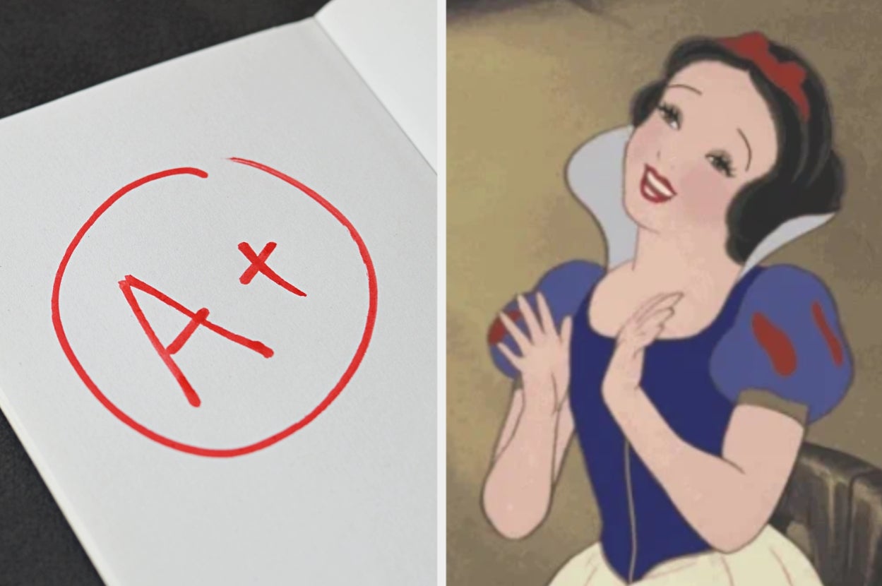 A+ grade next to a smiling animated character in a classic outfit with puffy sleeves and a bow, possibly depicting joy or approval