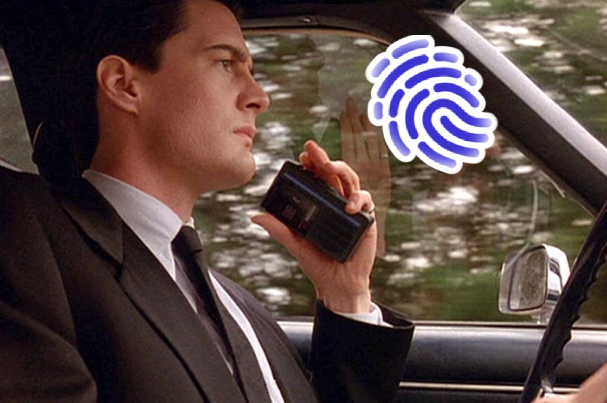 Person in a suit driving, holding a recorder to their mouth, with a fingerprint graphic visible