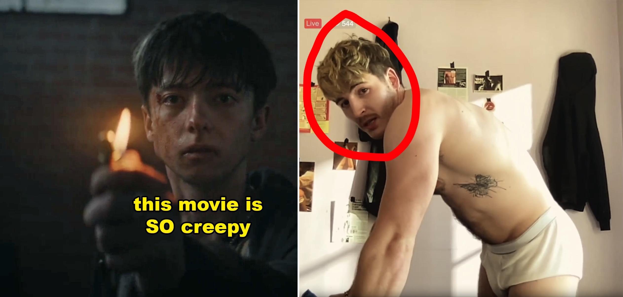 Split image: Left, teenage boy from "Leviticus" holds a lighter with text "this movie is SO creepy." Right, Kieron Moore in "Blue Film," shirtless while standing in his room