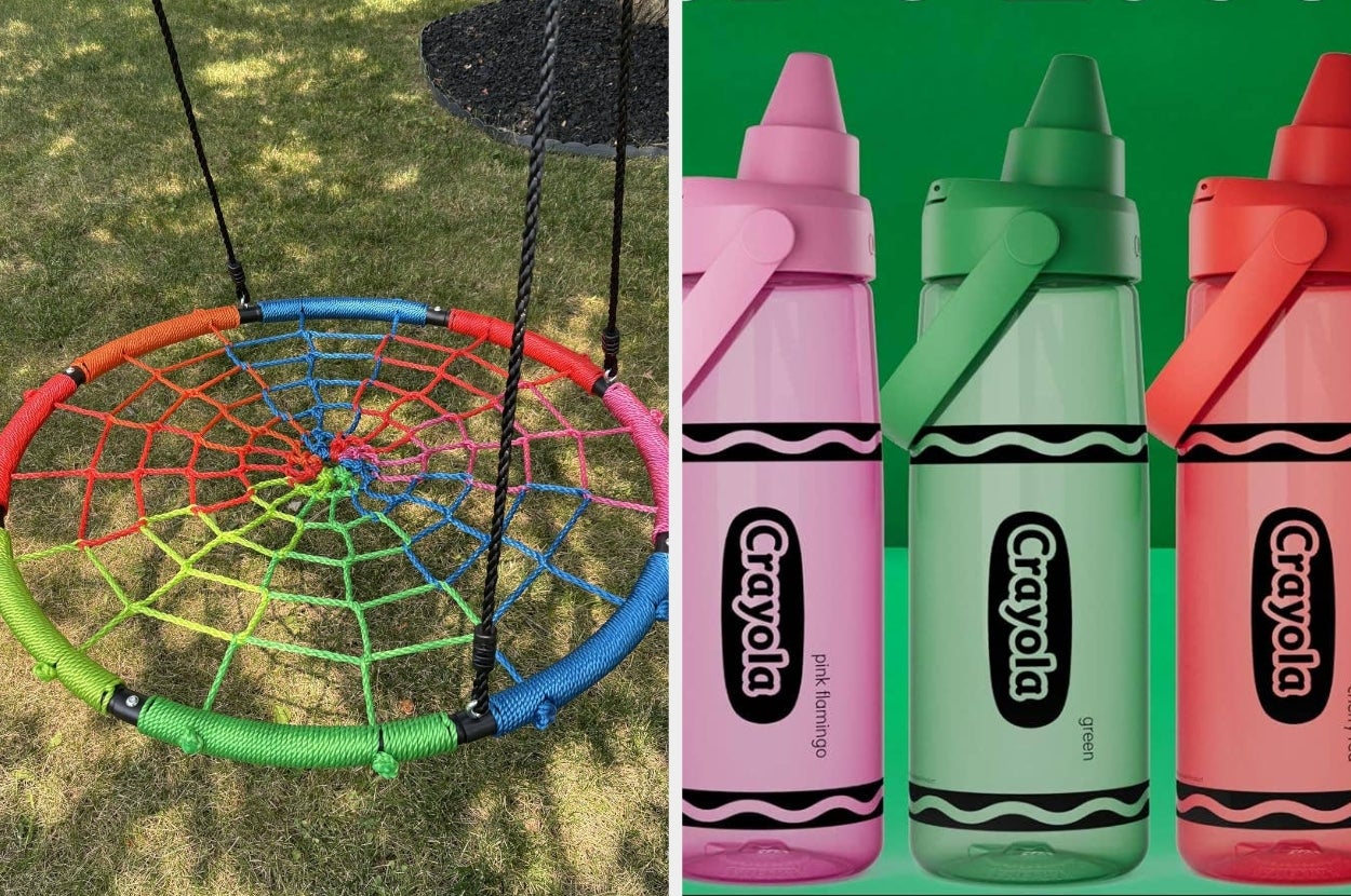 Left: A colorful web swing hangs outdoors. Right: Three Crayola water bottles displayed, labeled pink flamingo, green, and dandelion