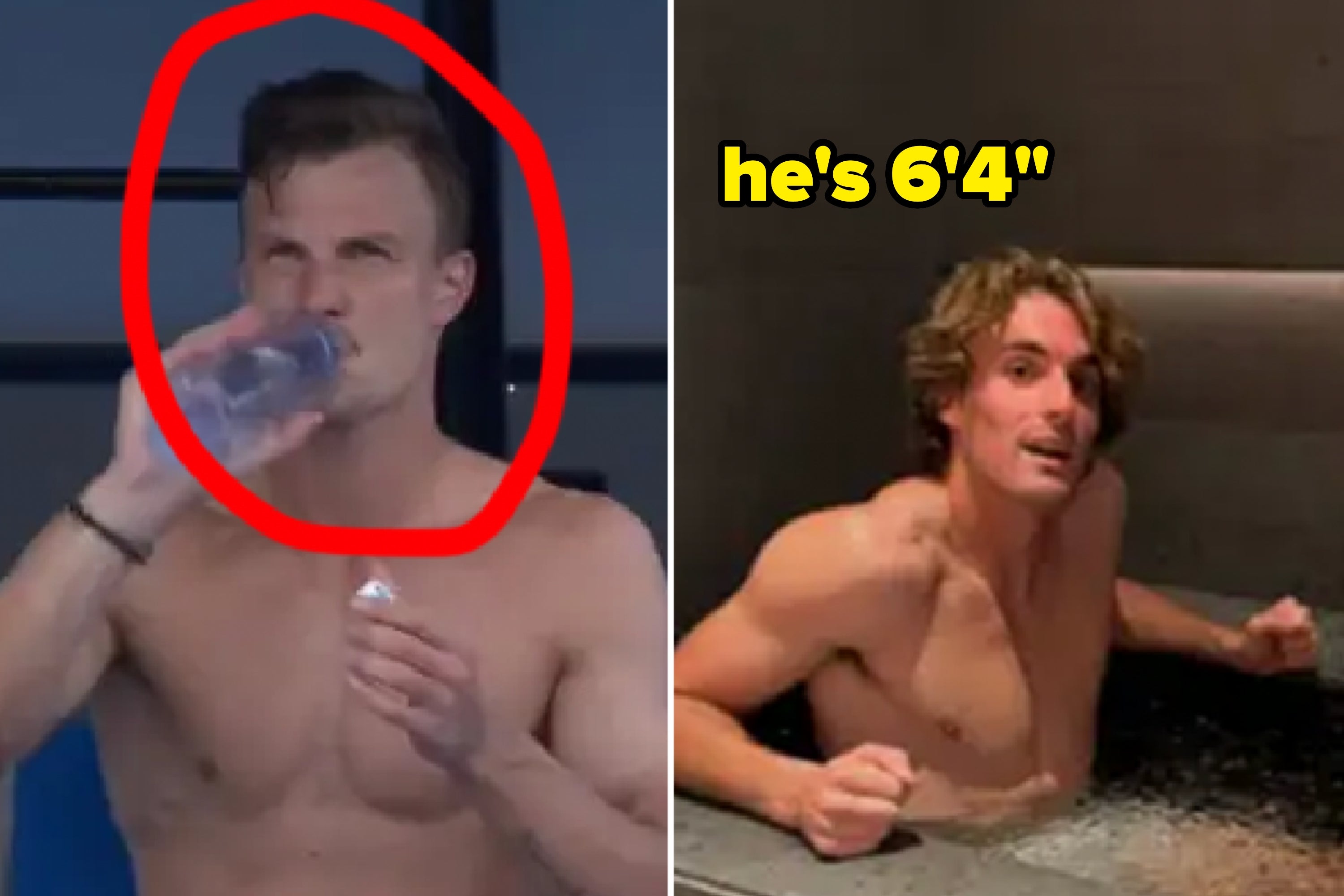 Two shirtless tennis players: One (Márton Fucsovics) drinking water during a match, the other (Stefanos Tsitsipas) in an ice bath indoors