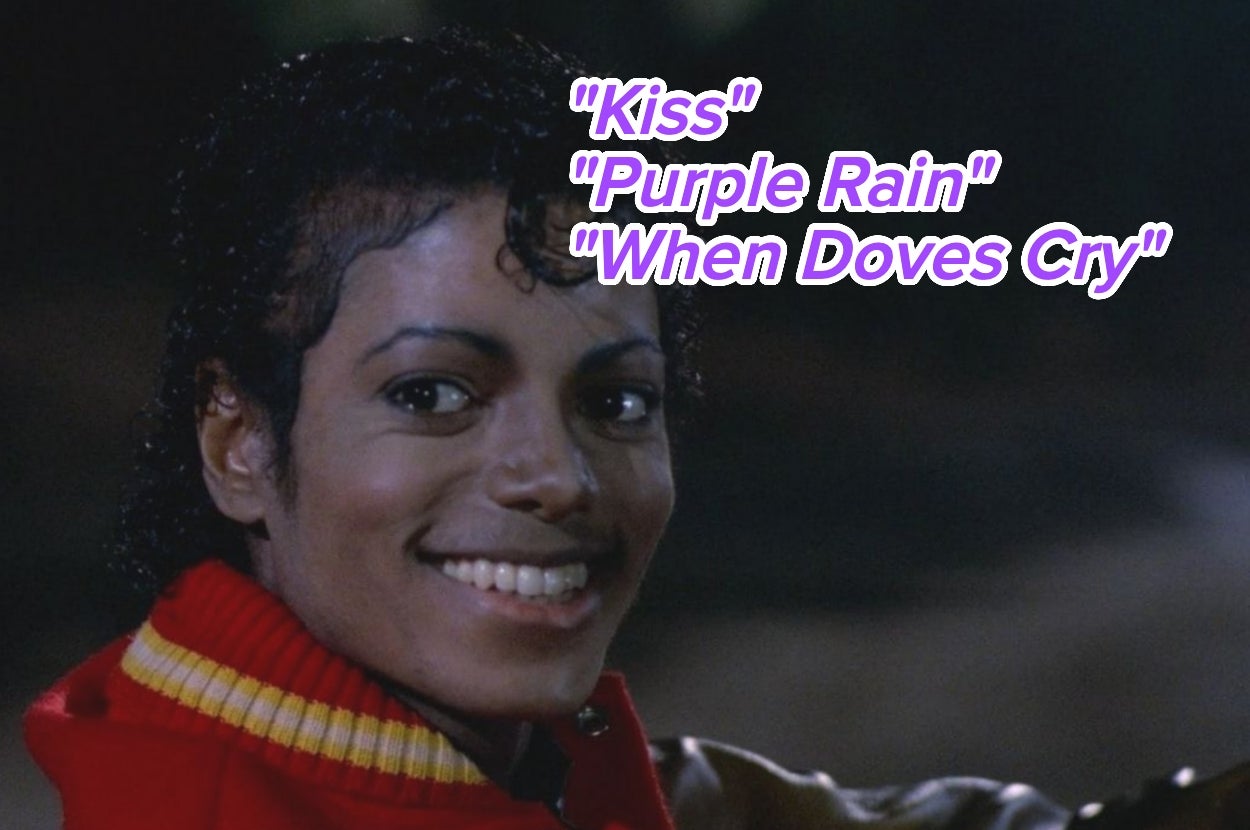 A person smiles, wearing a distinctive jacket. Text overlay includes titles of famous songs, "Kiss," "Purple Rain," and "When Doves Cry."