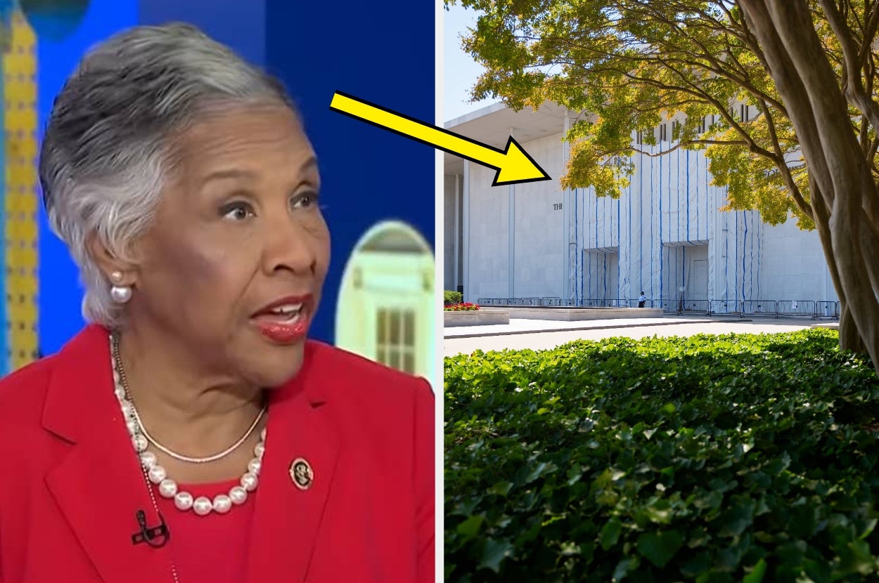 A person in a formal red outfit with pearls appears beside an arrow pointing to an official building