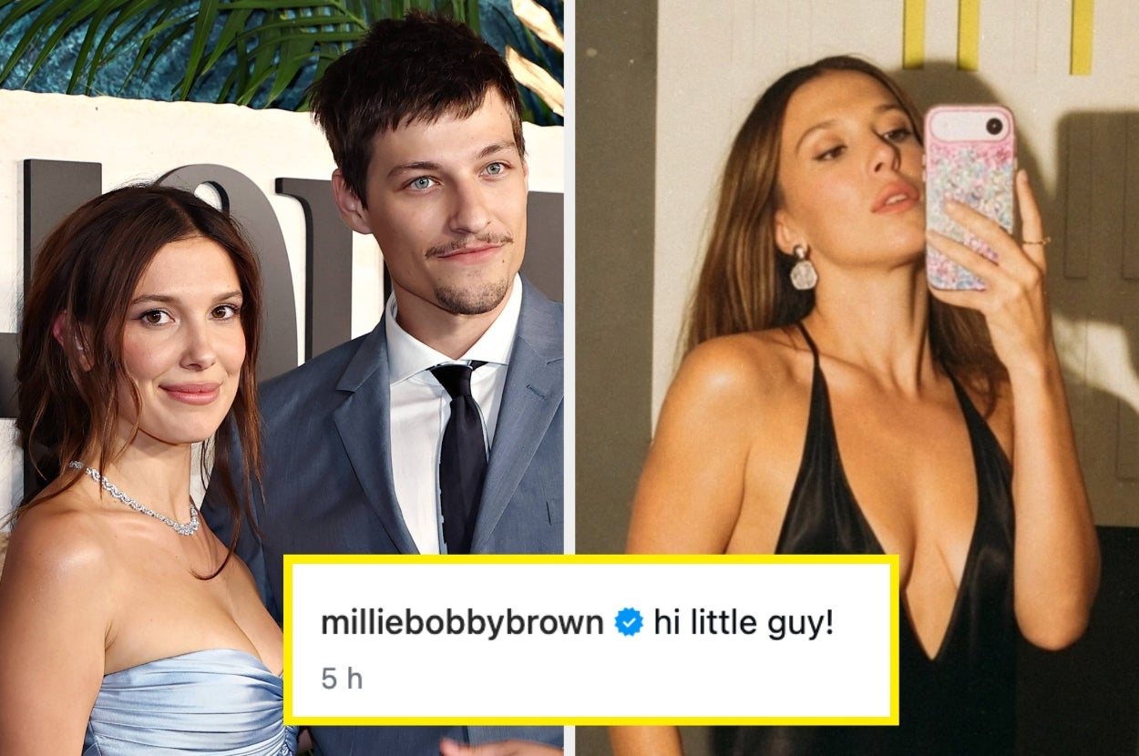 Millie Bobby Brown and Jake Bongiovi at an event, next to a pic of Millie taking a mirror selfie. Instagram caption from Millie: "hi little guy!"