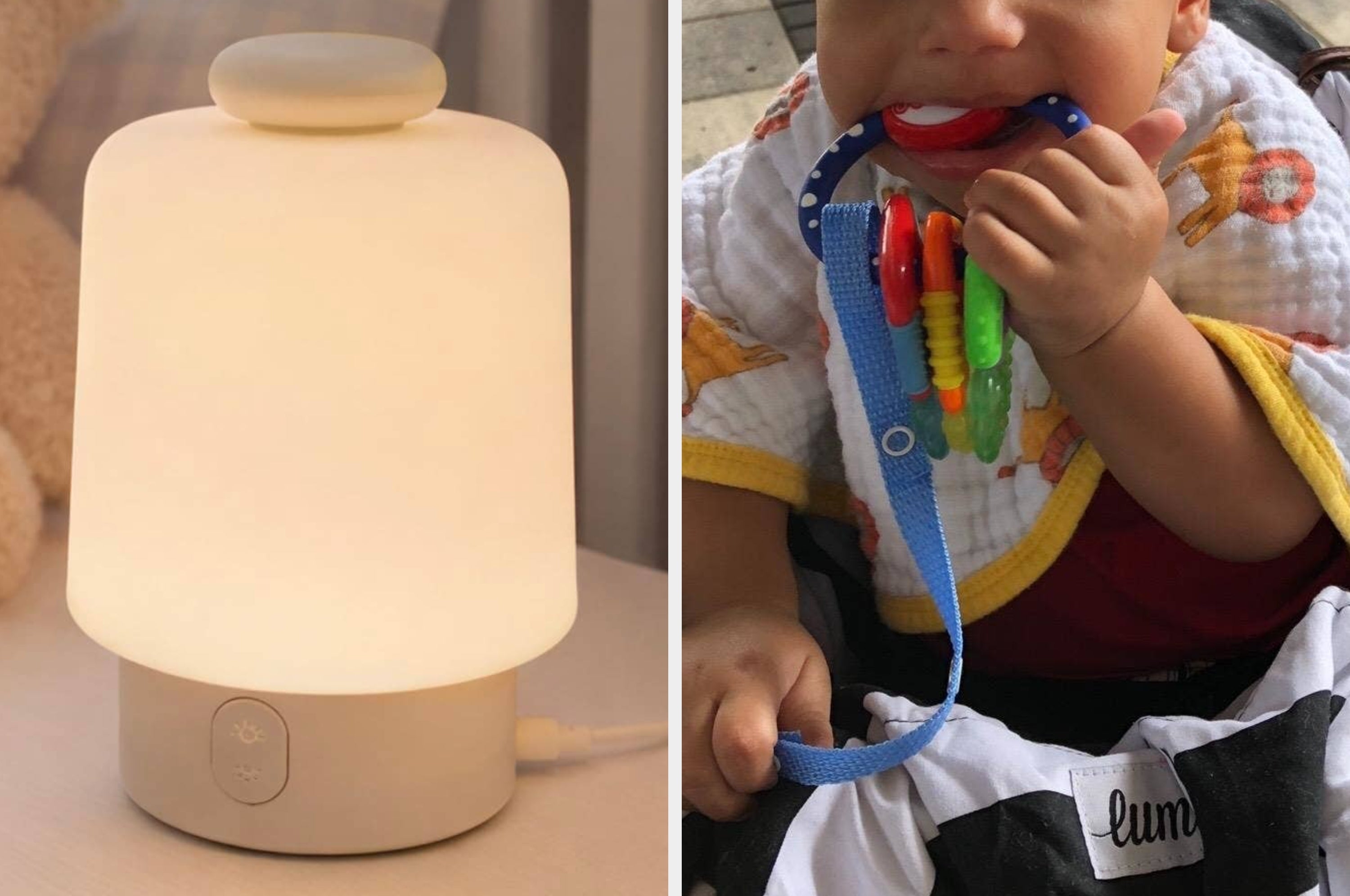 Child holding a toy teether in a stroller; a soft-glow nursery lamp on a bedside table in a cozy room