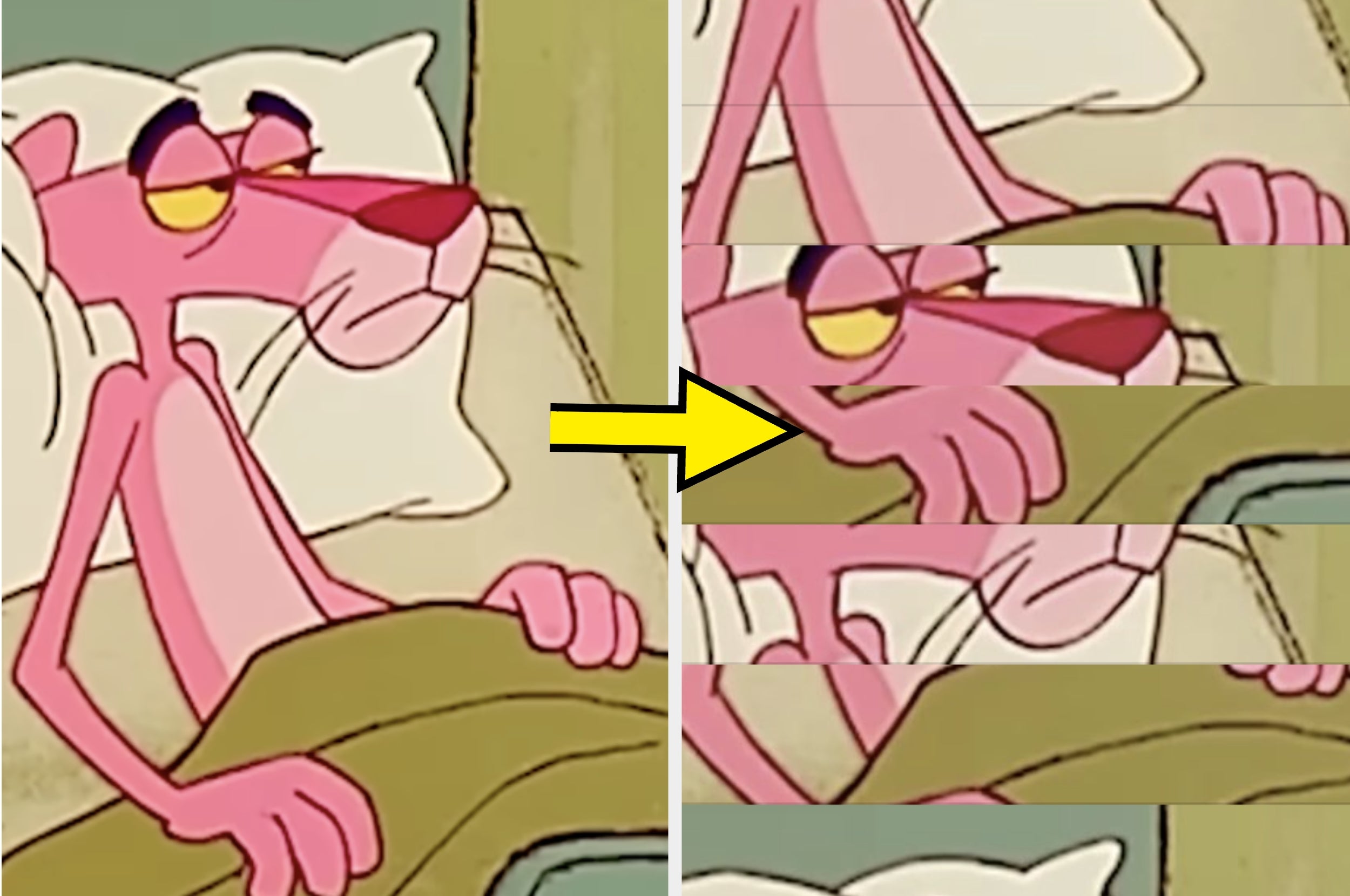 The Pink Panther character appears sleepy in bed, followed by a pixelated close-up of its face
