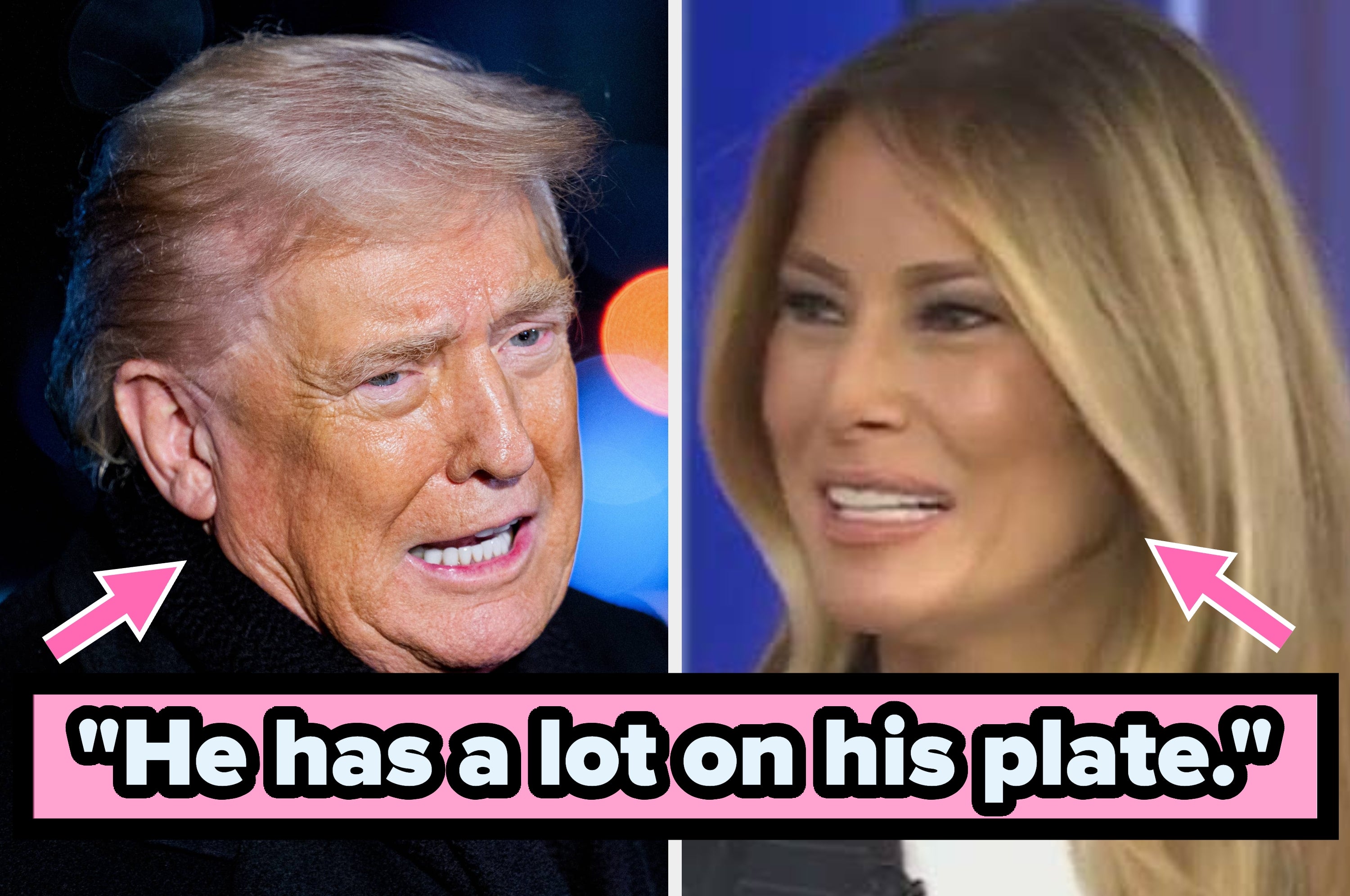 Split image: A man on the left with a concerned expression, and a woman on the right smiling. Caption reads: "He has a lot on his plate."