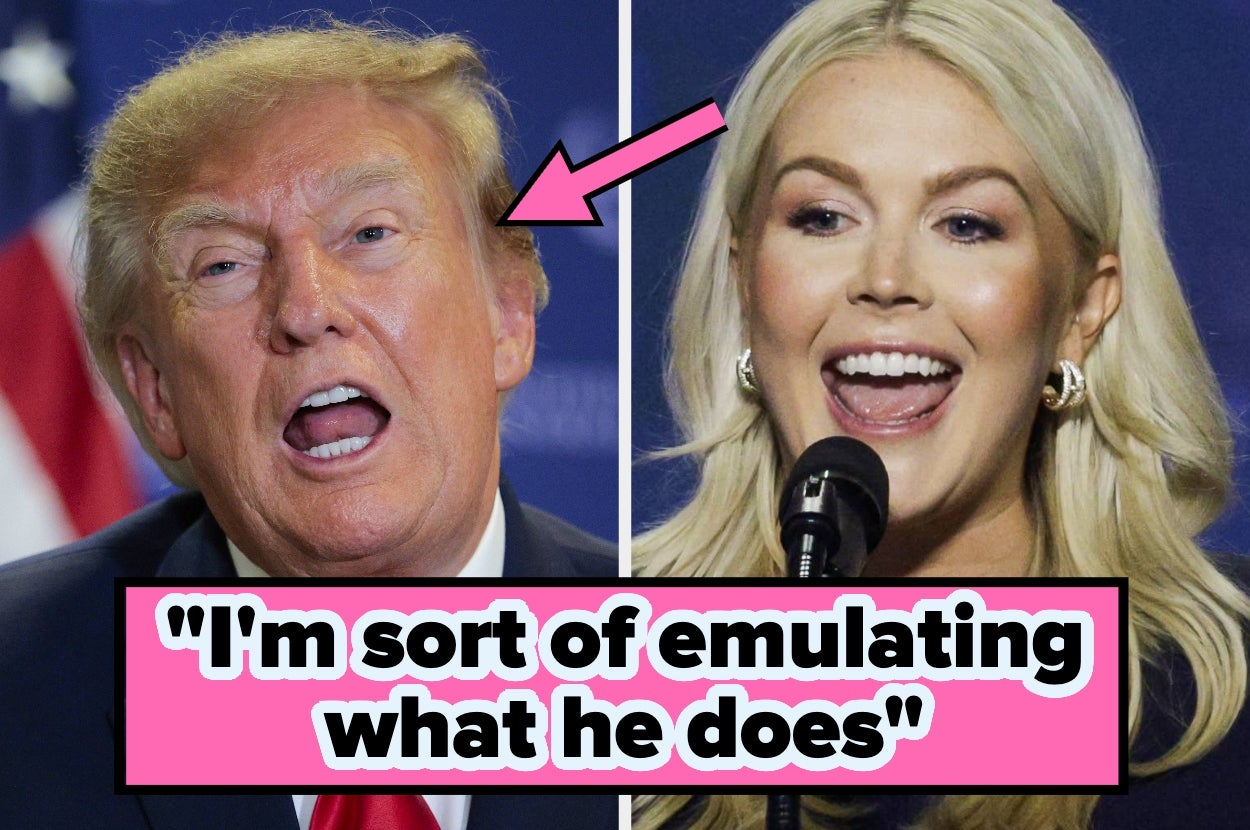 Two people speaking at separate events, with an arrow pointing to the left person. Text reads: "I'm sort of emulating what he does."