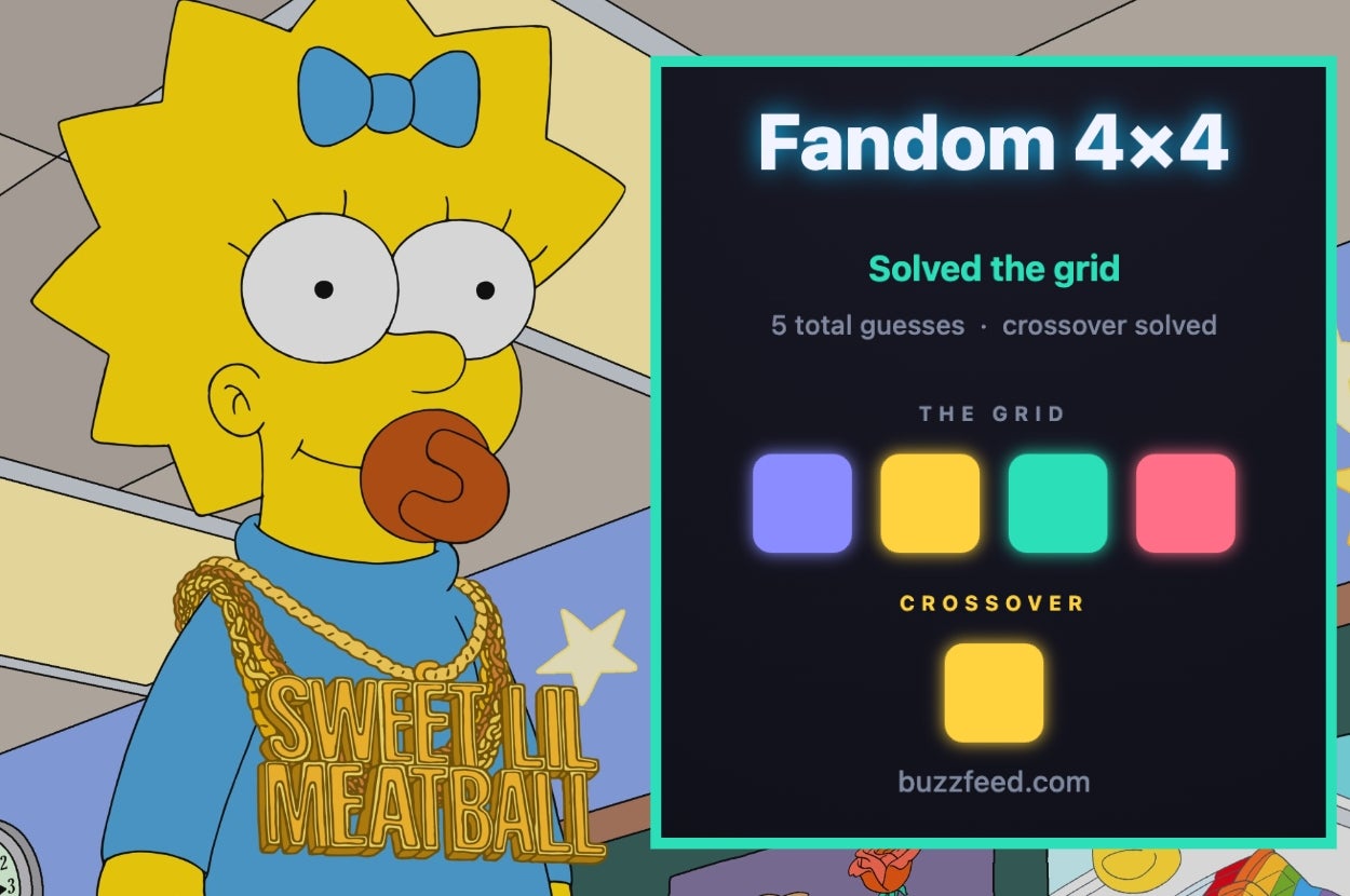 Animated character with large necklace; in-game solved grid with 5 guesses and a crossover. Game related content from Buzzfeed