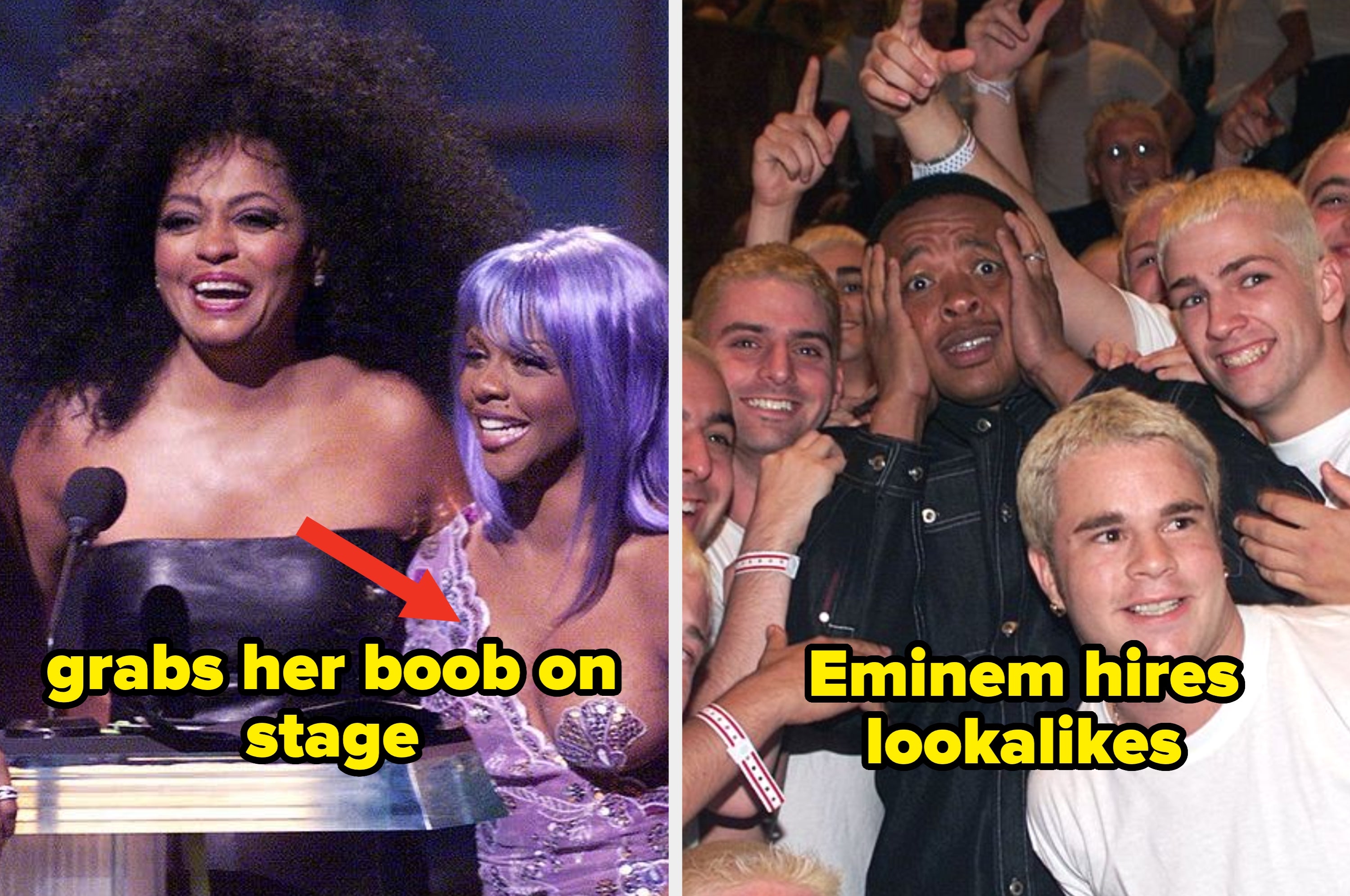 Two images: Left, Diana Ross with Lil' Kim on stage; Right, Eminem on stage in casual outfit, speaking. Text describes Ross grabbing Kim's breast and Eminem booed