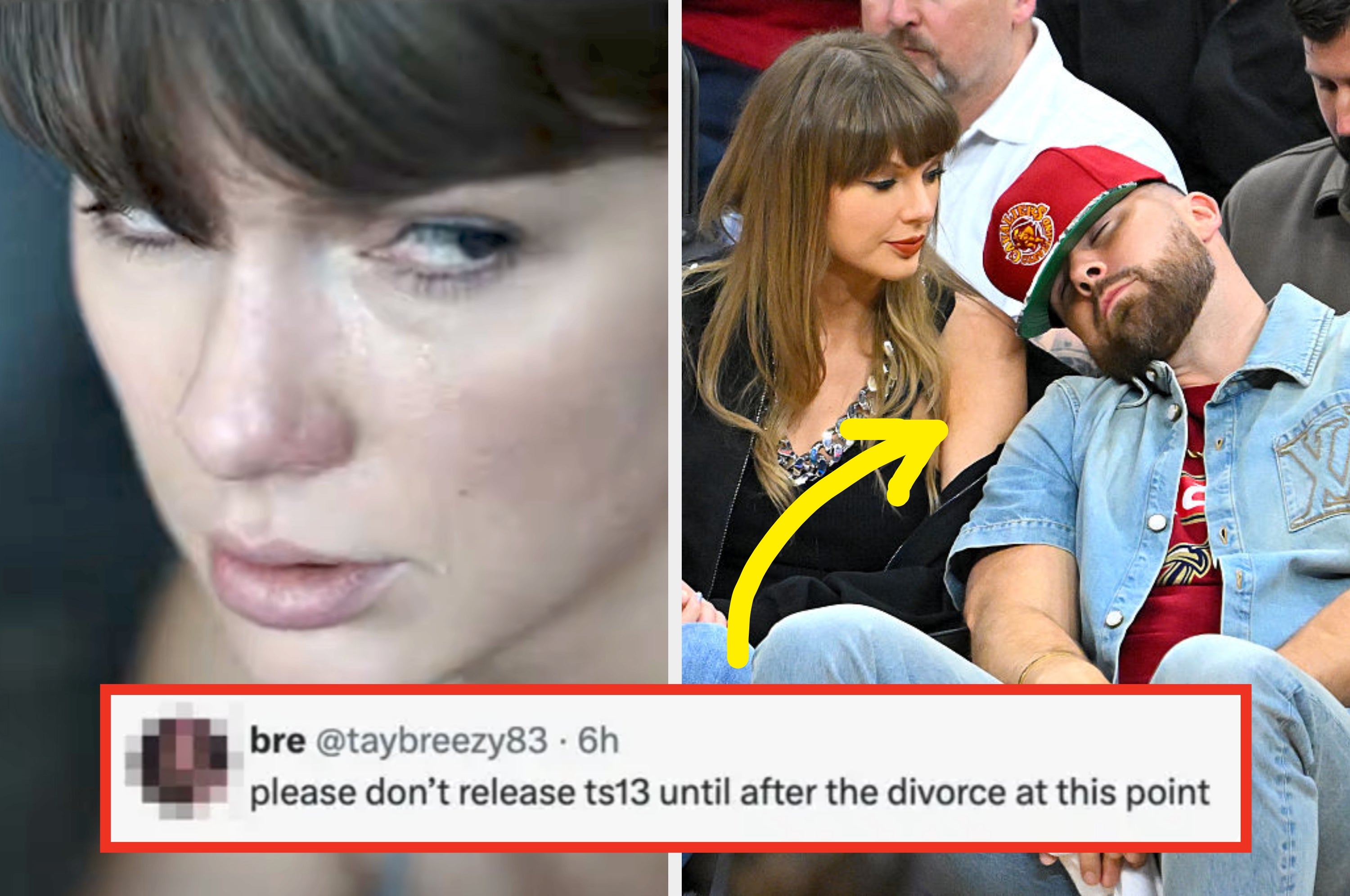 Two side-by-side images: Close-up of a woman crying and same woman speaking. A comment below jokes about album release timing and divorce