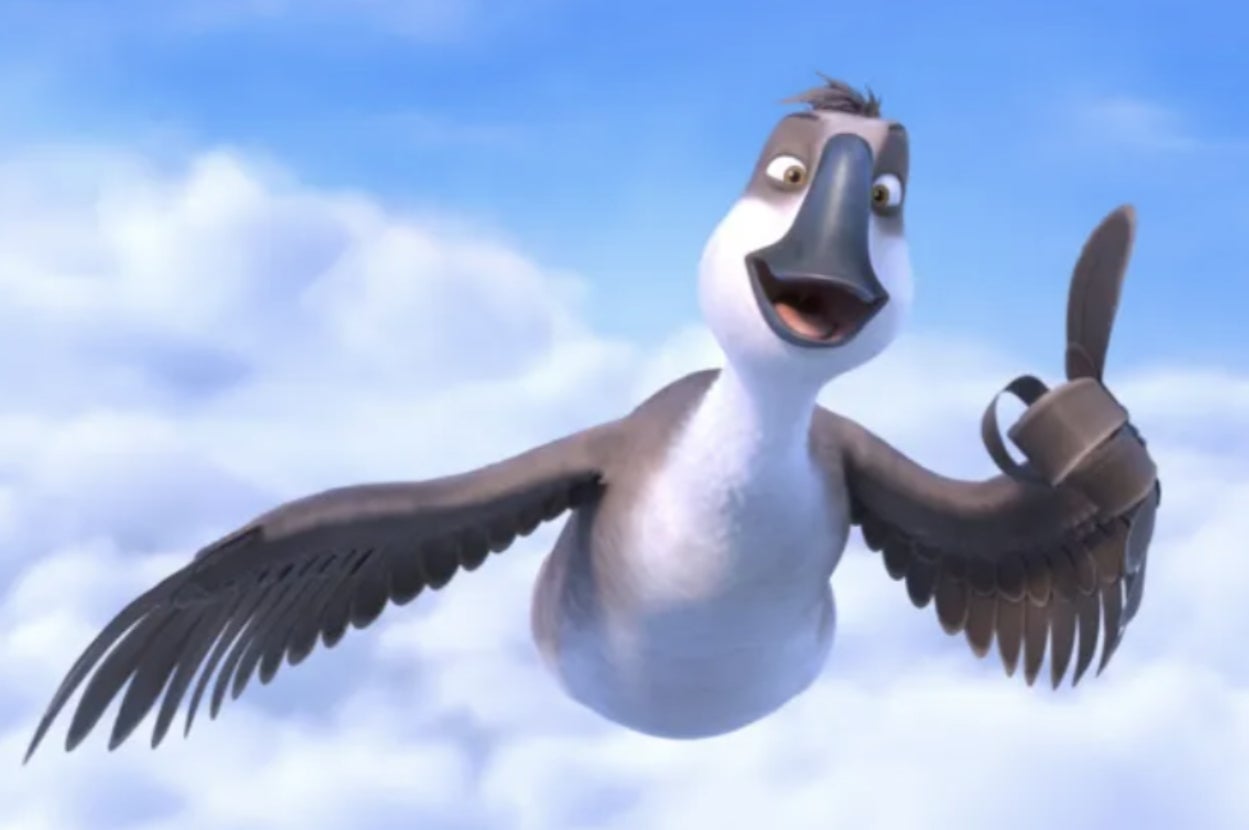 Animated goose flying with wings outstretched, carrying a cup, and smiling against a cloudy sky