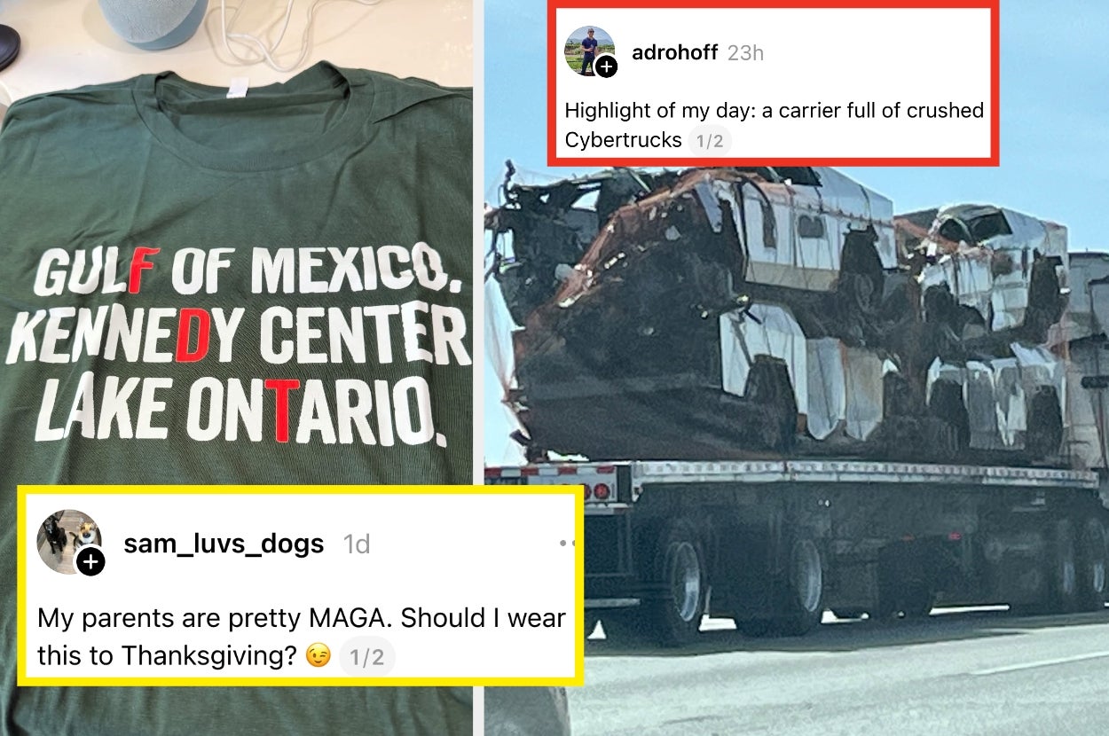 T-shirt with text about locations, a comment about crushed Cybertrucks on a truck, and a comment asking about wearing a MAGA-related outfit to Thanksgiving