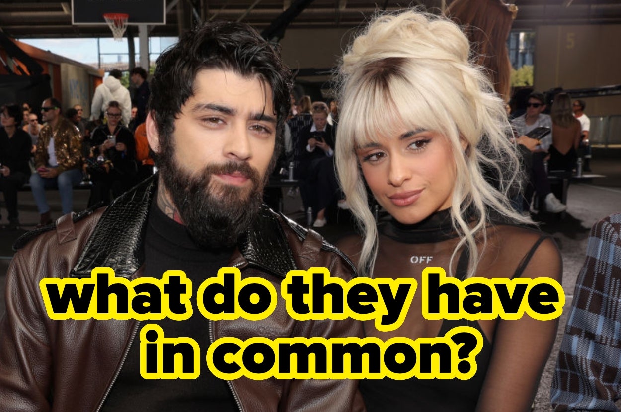 Two people sitting close together, both with stylish hair and outfits, surrounded by a crowd. Text asks, "what do they have in common?"