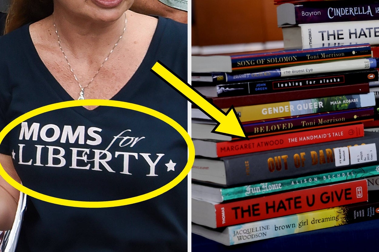 "Moms for Liberty" shirt next to a stack of challenged books like "The Handmaid's Tale" and "The Hate U Give" with arrows pointing at them