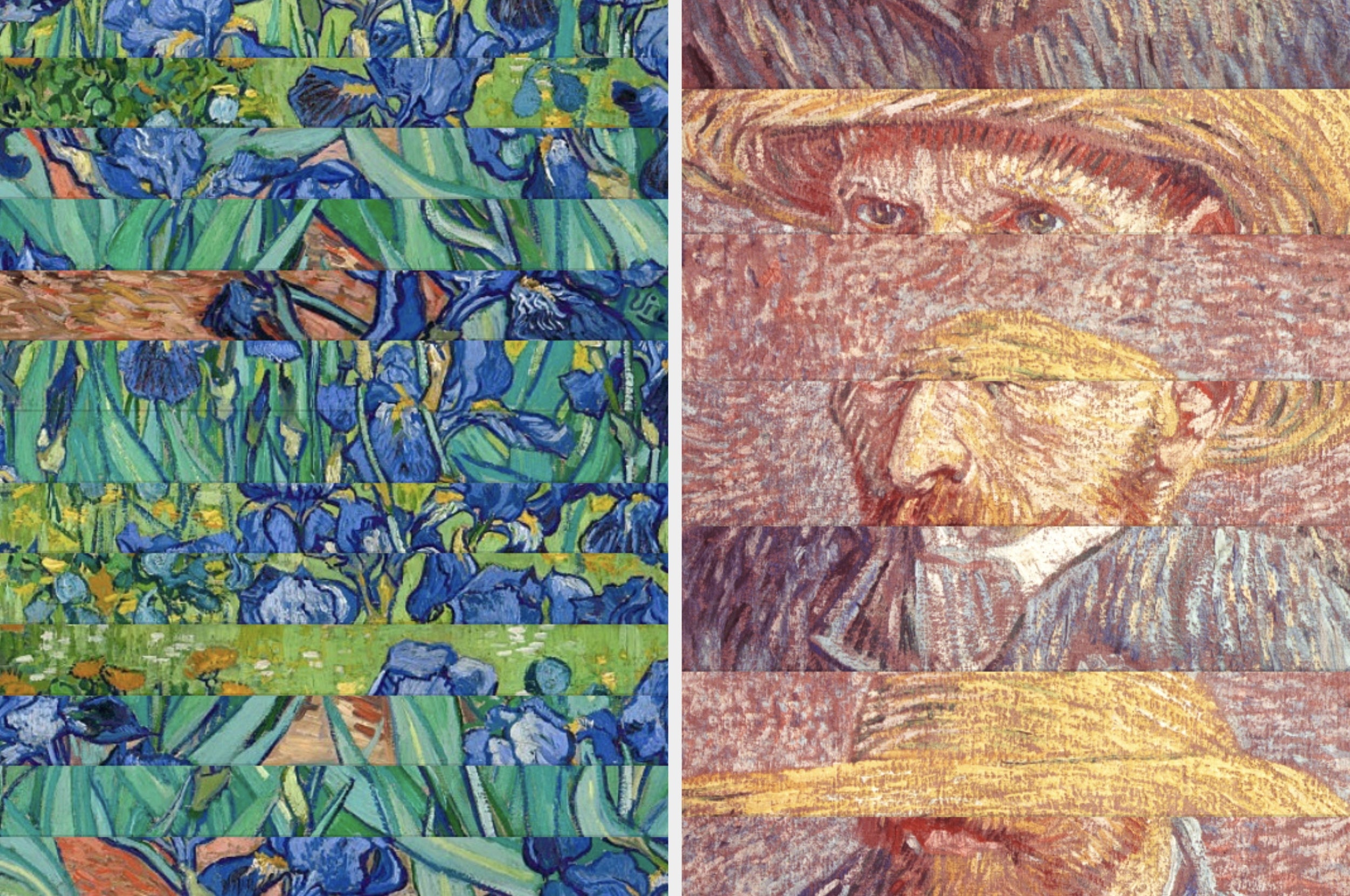 Iris flowers on the left and a self-portrait on the right, both by Van Gogh, are sliced and interwoven to form a single composite image
