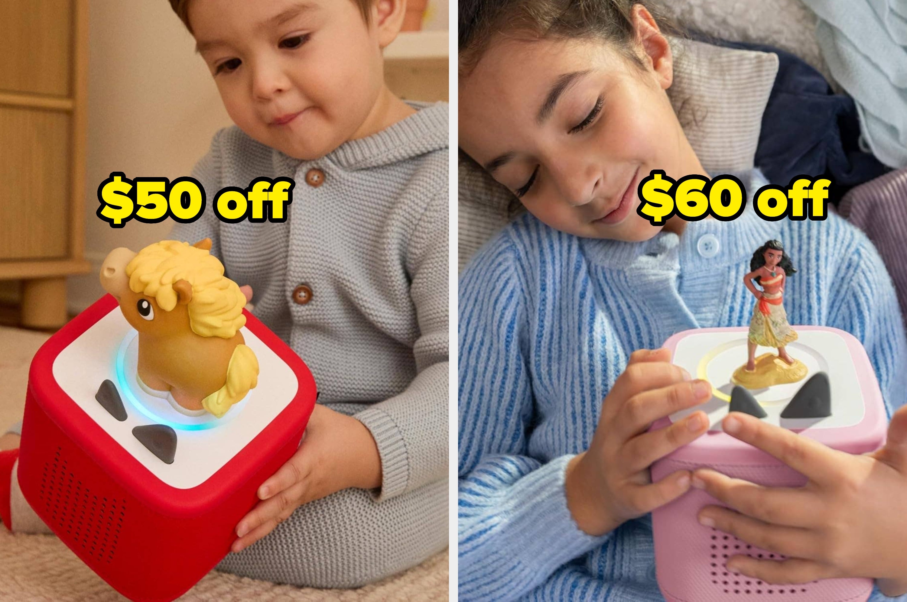 Children engaging with interactive toy speaker boxes at home