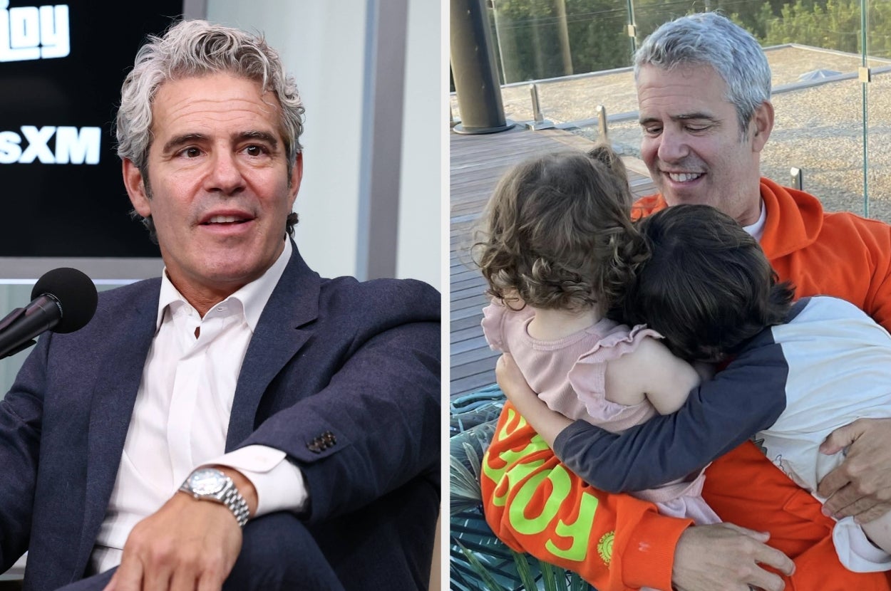 Andy Cohen speaking into a microphone at a radio studio, and with his kids