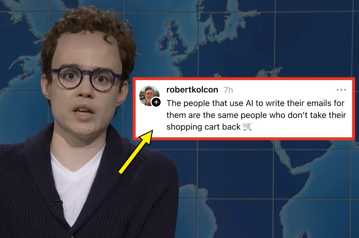 A person wearing glasses and a sweater stands in front of a map background, next to a highlighted social media comment about AI and shopping carts