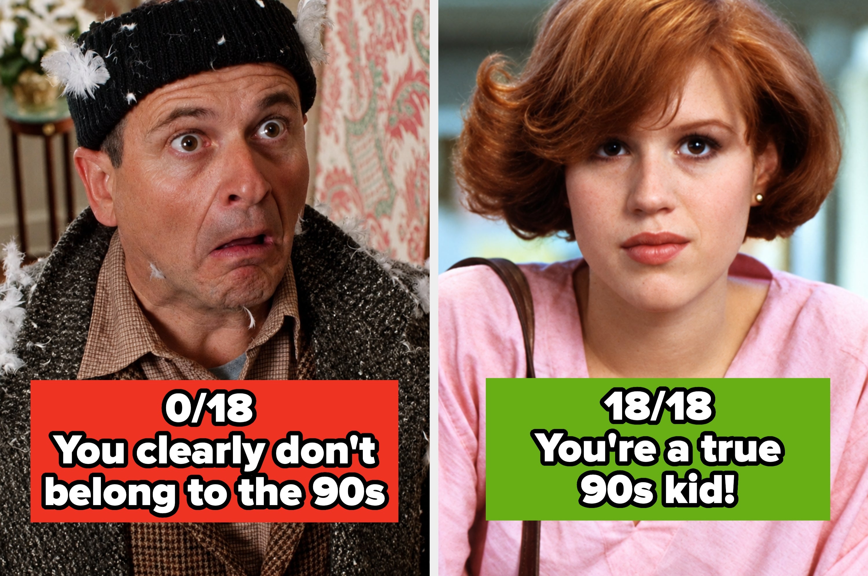 A split image quiz result: Left panel shows a confused person saying "0/20 You clearly don't belong to the 90s." Right panel shows a confident person saying "20/20 You're a true 90s kid!"