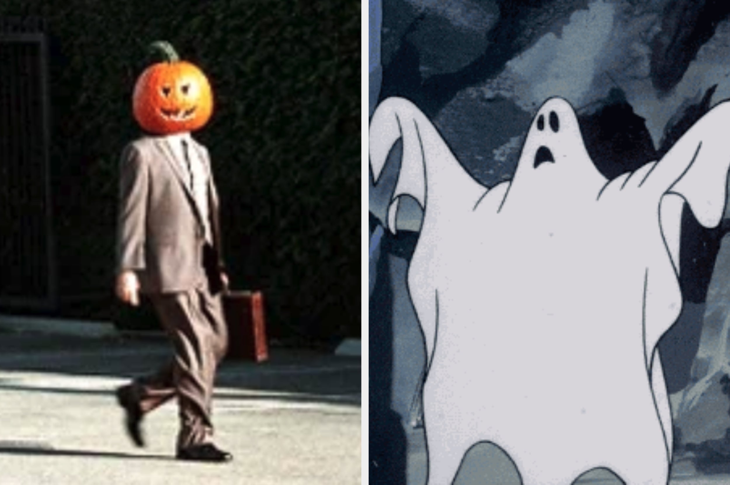 On the left, person in a suit with a pumpkin head holds a briefcase. On the right, illustrated ghost appears to float with arms raised