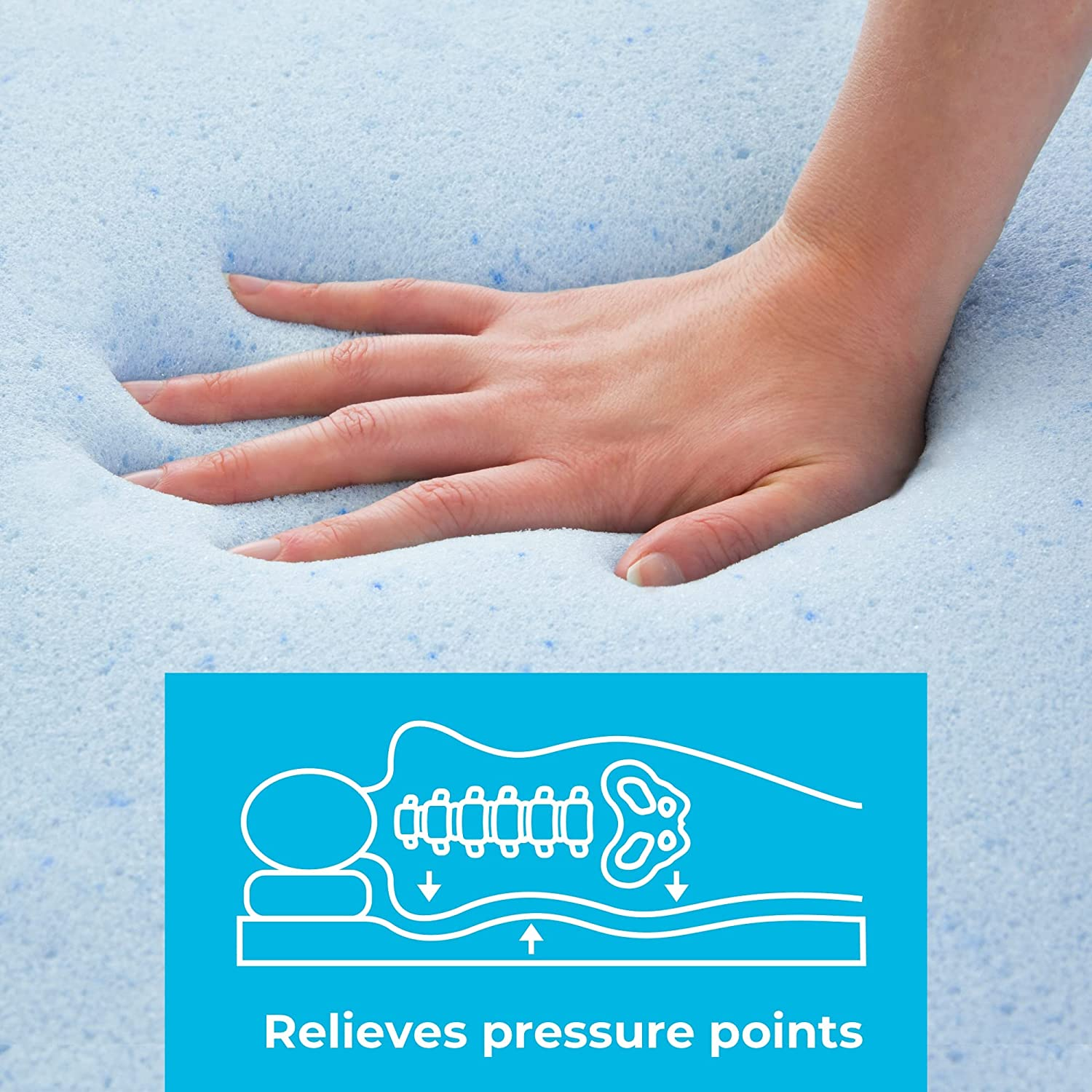 hand pressing into mattress pad that relieves pressure points