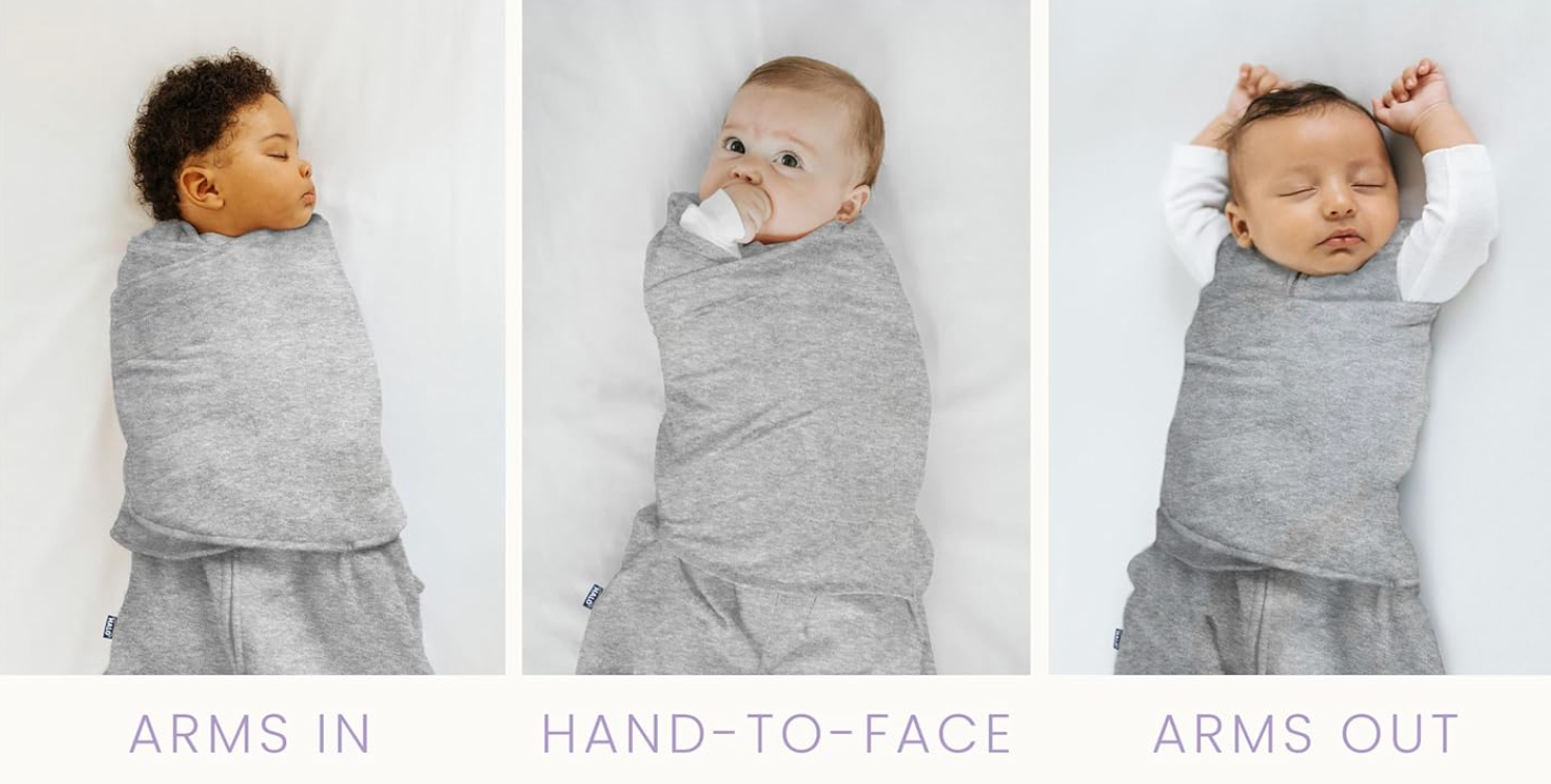 Three babies lying down, each swaddled differently: arms in, hand-to-face, and arms out. Labels describe each swaddling style