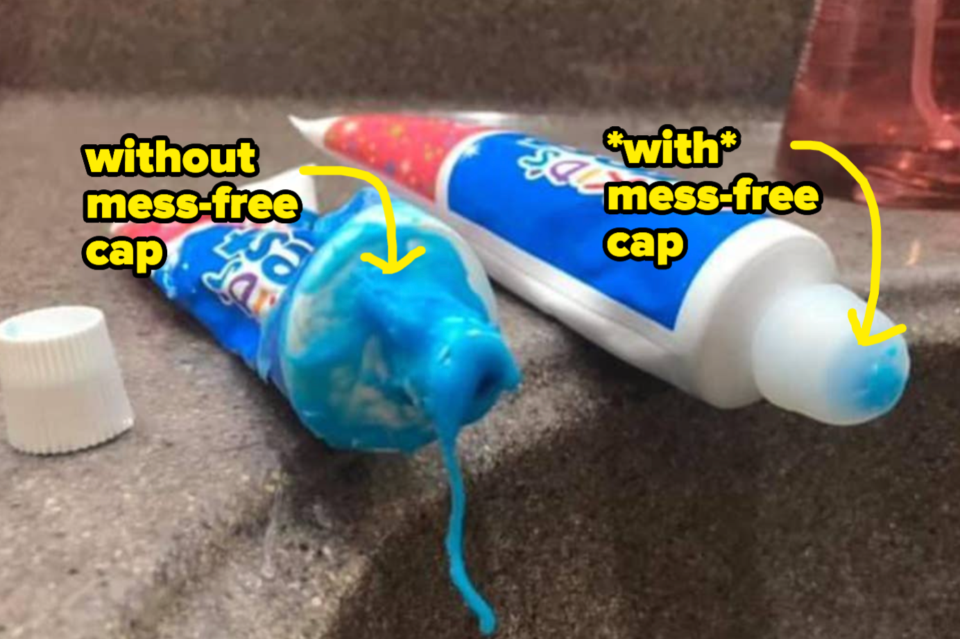 reviewer's messy toothpaste and a not messy one with the cap on it