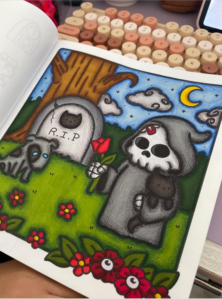 A cartoon Grim Reaper holds a black cat and a flower, standing next to a grave marked