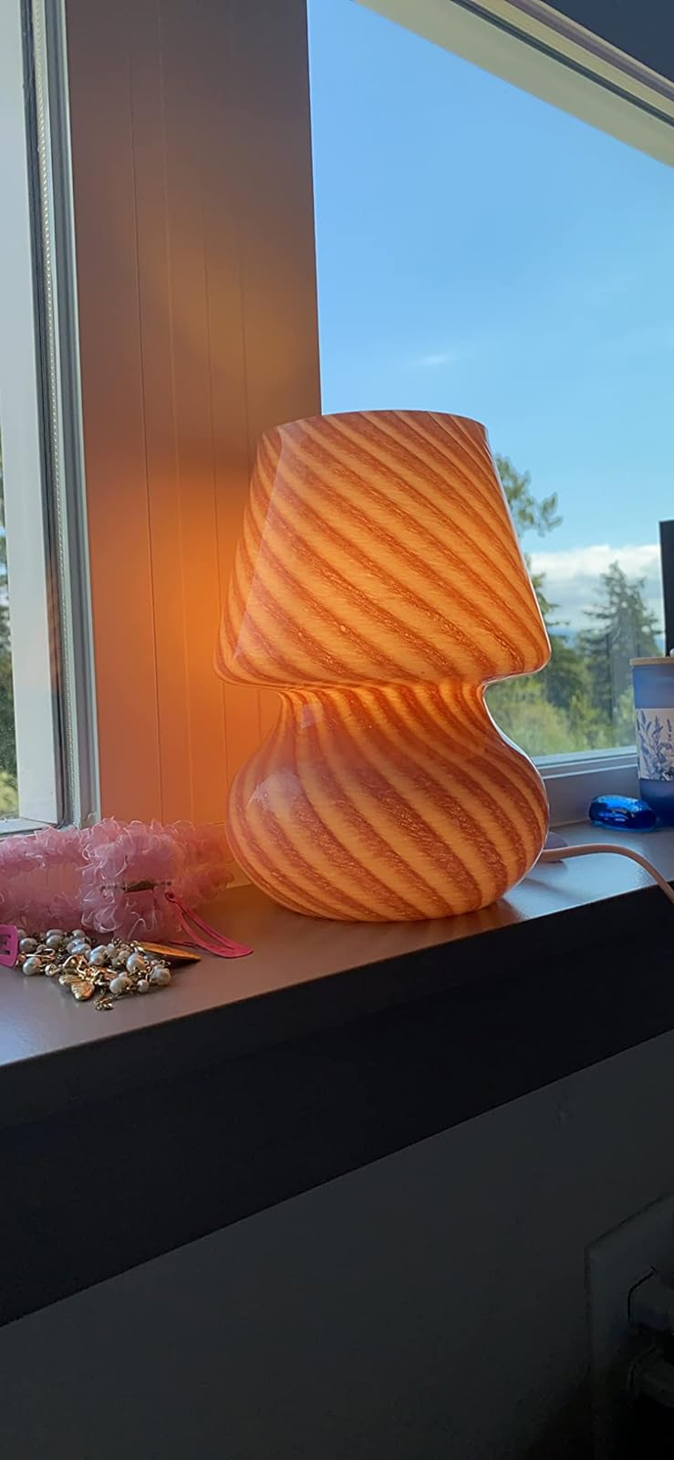 mushroom lamp with pink and white striped pattern