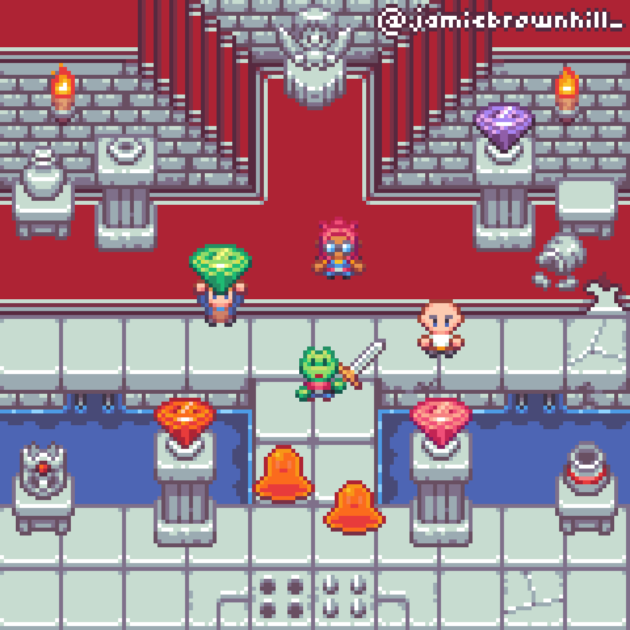 Pixel art dungeon scene with four characters, colored gems on pillars, water, and stone statues.