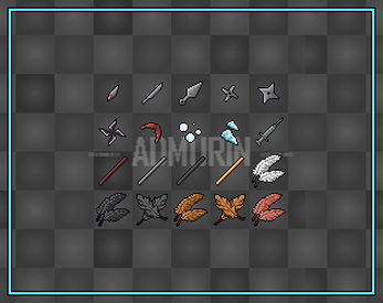 Pixel art icons of weapons, projectiles, and wings arranged in a grid on a dark checkered background.