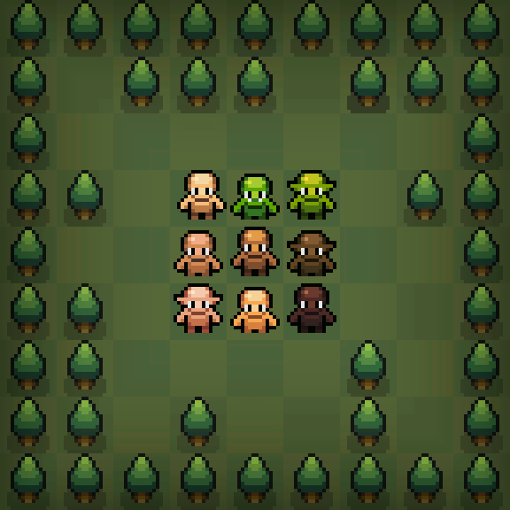 Pixel art game screenshot with nine characters in a grid, surrounded by trees on a green checkered field.