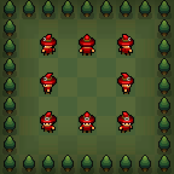 Pixel art game scene with seven red-robed characters on a green grid, bordered by trees.