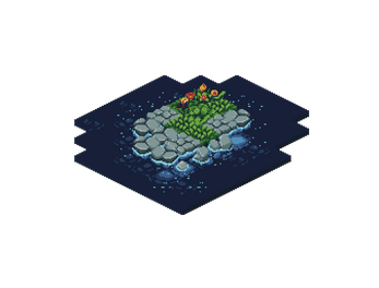 Pixel art of a small stone island with green plants and red flowers surrounded by water