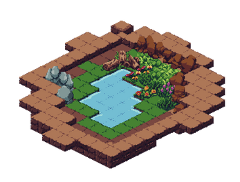 Isometric pixel art tile with a pond, rocks, tree stump, bushes, and flowers on grassy terrain.