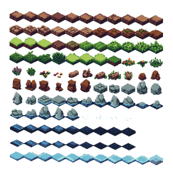 Pixel art spritesheet with rows of terrain tiles including dirt, grass, bushes, rocks, and water.