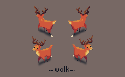 --walk-- Pixel art stag walking animation frames with antlers, shown from different angles on a gray background