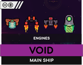 ENGINES VOID MAIN SHIP Pixel art of four spaceship engine designs on a dark space background with text labels for engines, void, and main ship.