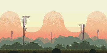 Pixel art landscape with rounded hills, tall thin trees, and dense green foliage under a pastel sky.