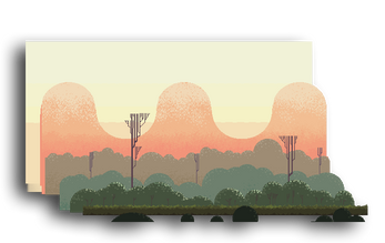 Pixel art landscape with green bushes, tall thin trees, and a pastel orange sky with rounded clouds.