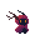 Pixel art character in a red hooded cloak with glowing yellow eyes casting a dark magic attack animation.