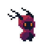 Pixel art character in a red hooded cloak with glowing yellow eyes and shadowy tendrils rising from the head